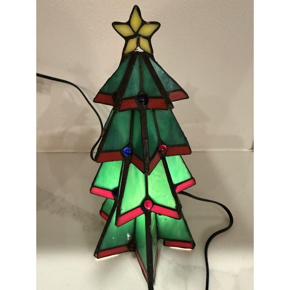 Stained 9” Glass Light up Christmas Tree Tabletop Electric Lamp Night - Picture 3 of 5